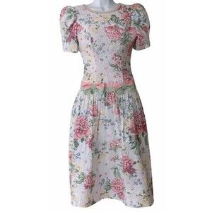 Vintage Algo Floral Cotton Dress Quilted Bodice Puff Sleeve Cottagecore Size 7